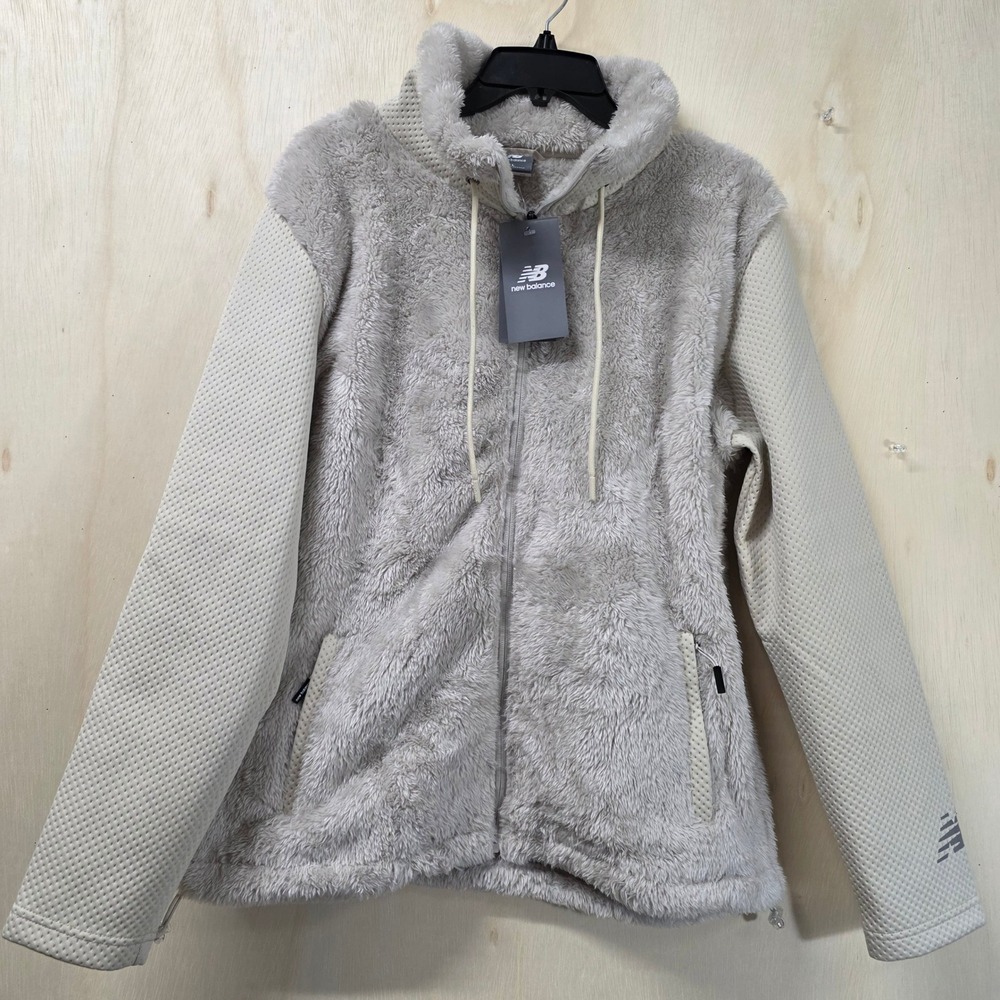 New Balance Womens Full Zip High Pile Fleece Hybrid Jacket Grey Large NWT